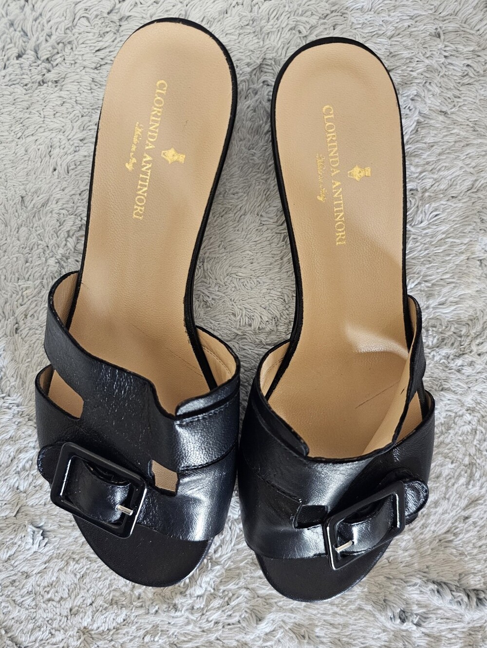 Clorinda Antinori Black Buckle Leather Slide Mules